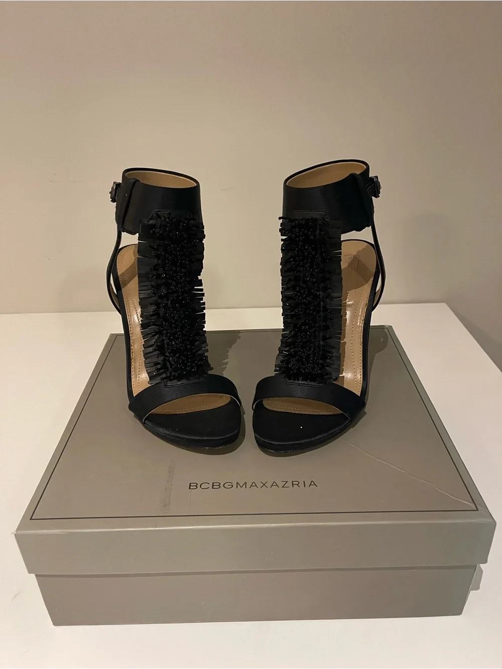 BCBGMaxAzria Black Beaded Fringe T-Strap Heels